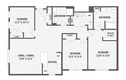 Floor plan for 3 beds, 2 baths, 1443 sqft